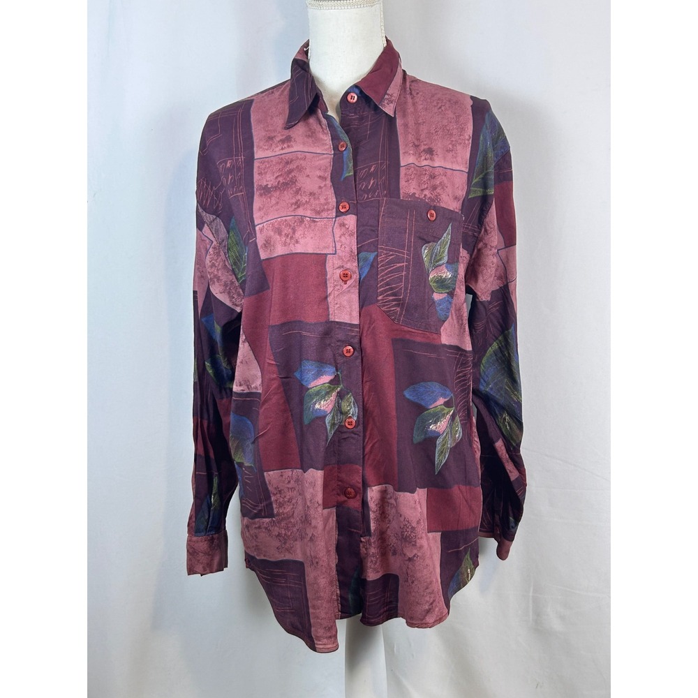 Vintage Abstract Geometric Floral Button Down Shirt Burgundy Plum‎ Long Sleeve M